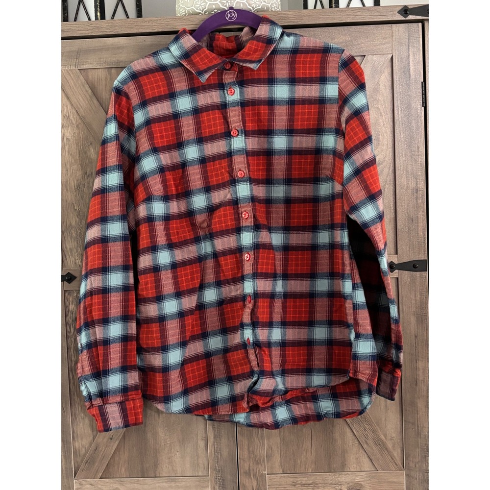 Orvis Womens Red Blue Plaid Flannel Button Down Shirt Size Medium Long Sleeve